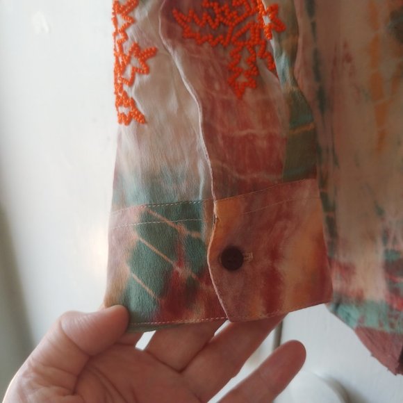 Sandro Paris Goa Embellished Silk Long Sleeve Tie-Dye Beaded Shirt SZ 2 US M - Picture 6 of 16